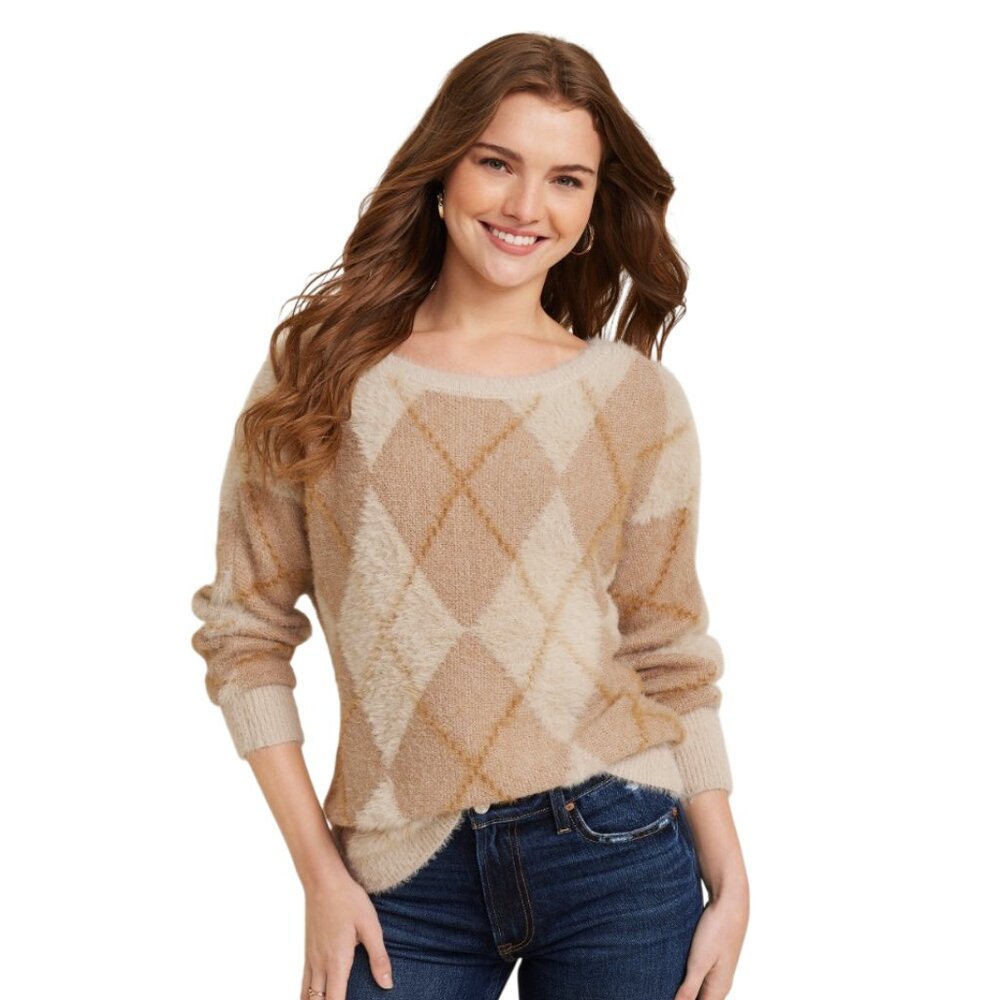 Like New Maurices Cozy Argyle Fuzzy Beige Sweater XL